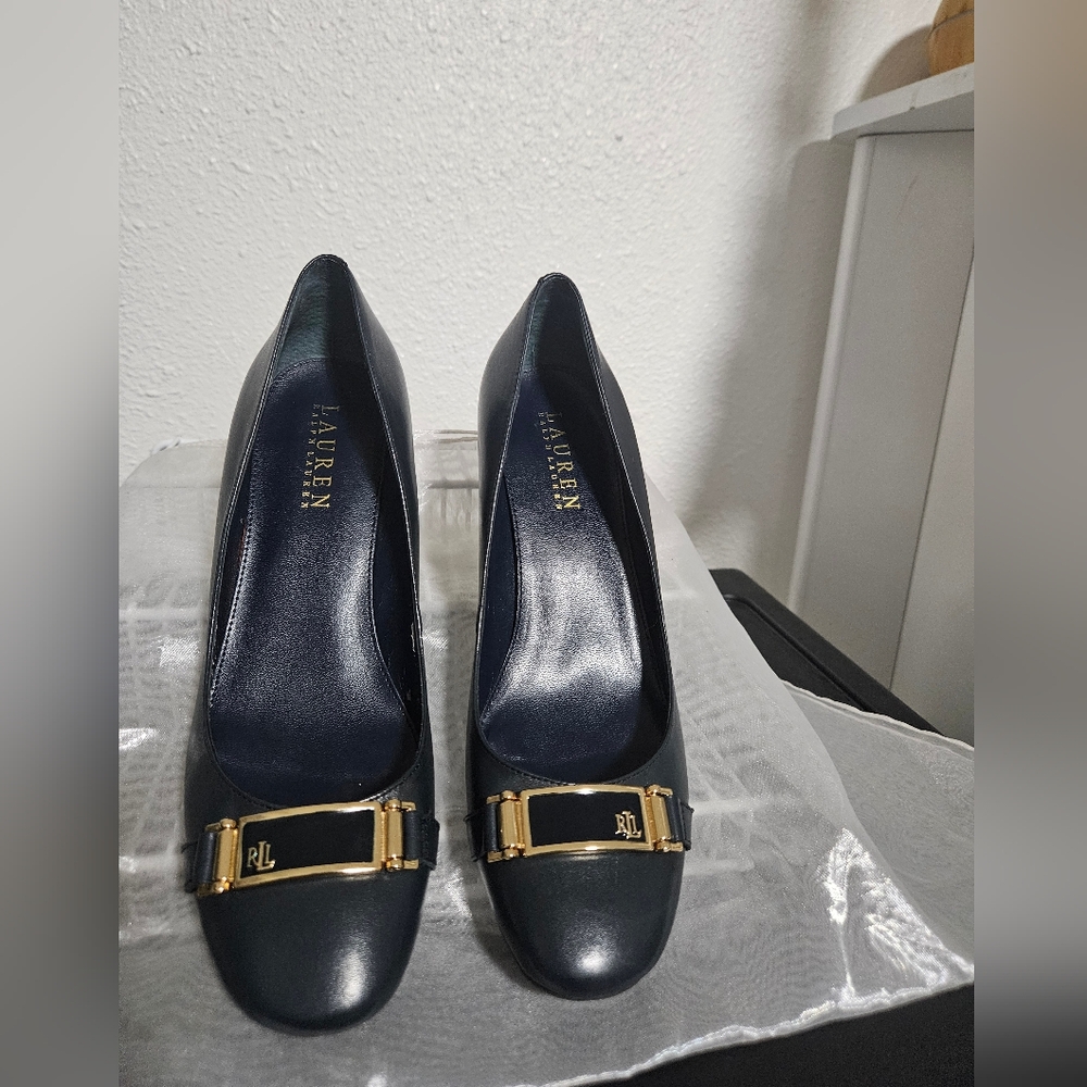 Lauren Ralph Lauren Blue and Gold Heels with Gold Buckle